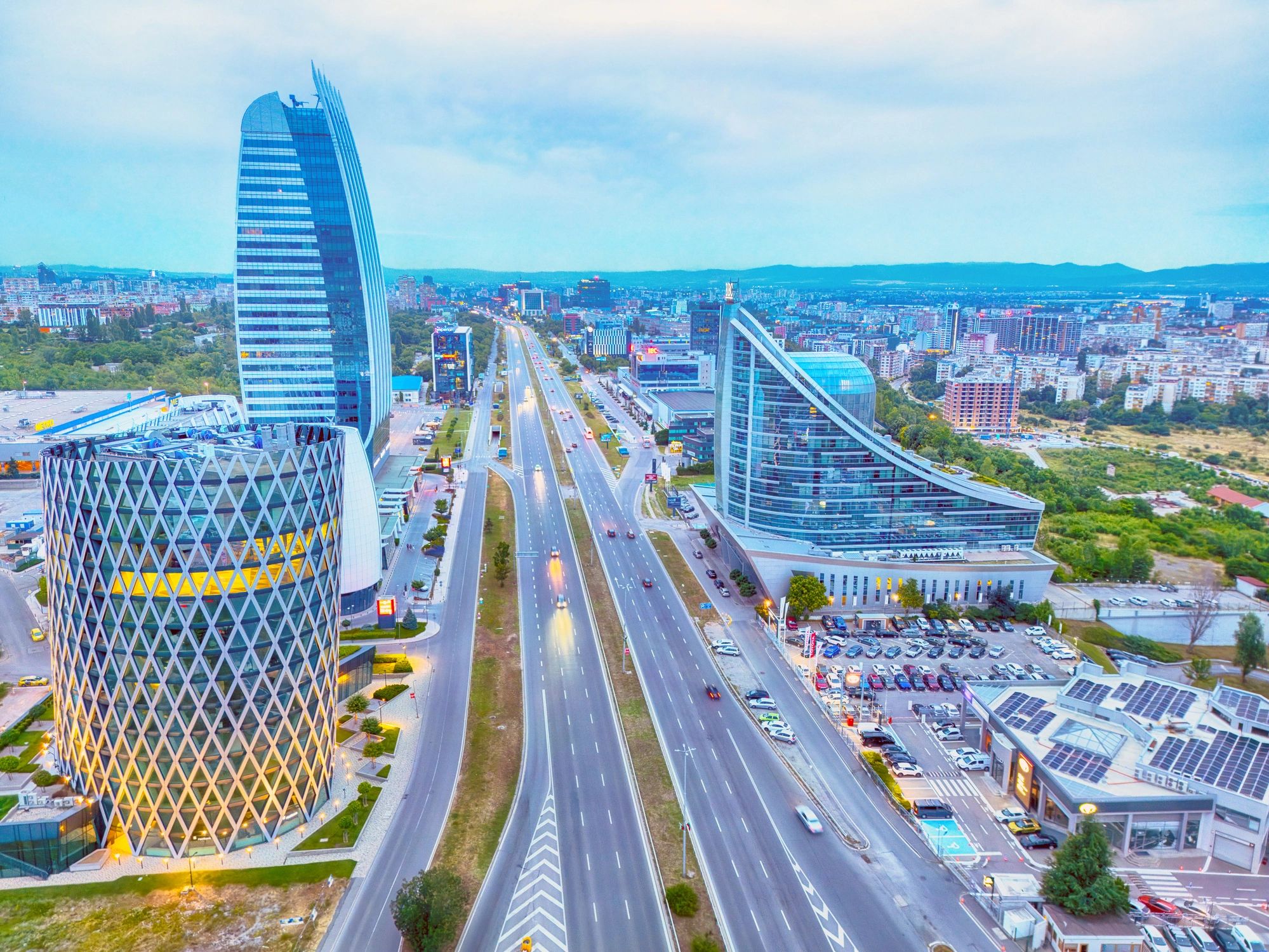 Aerial view of a business district