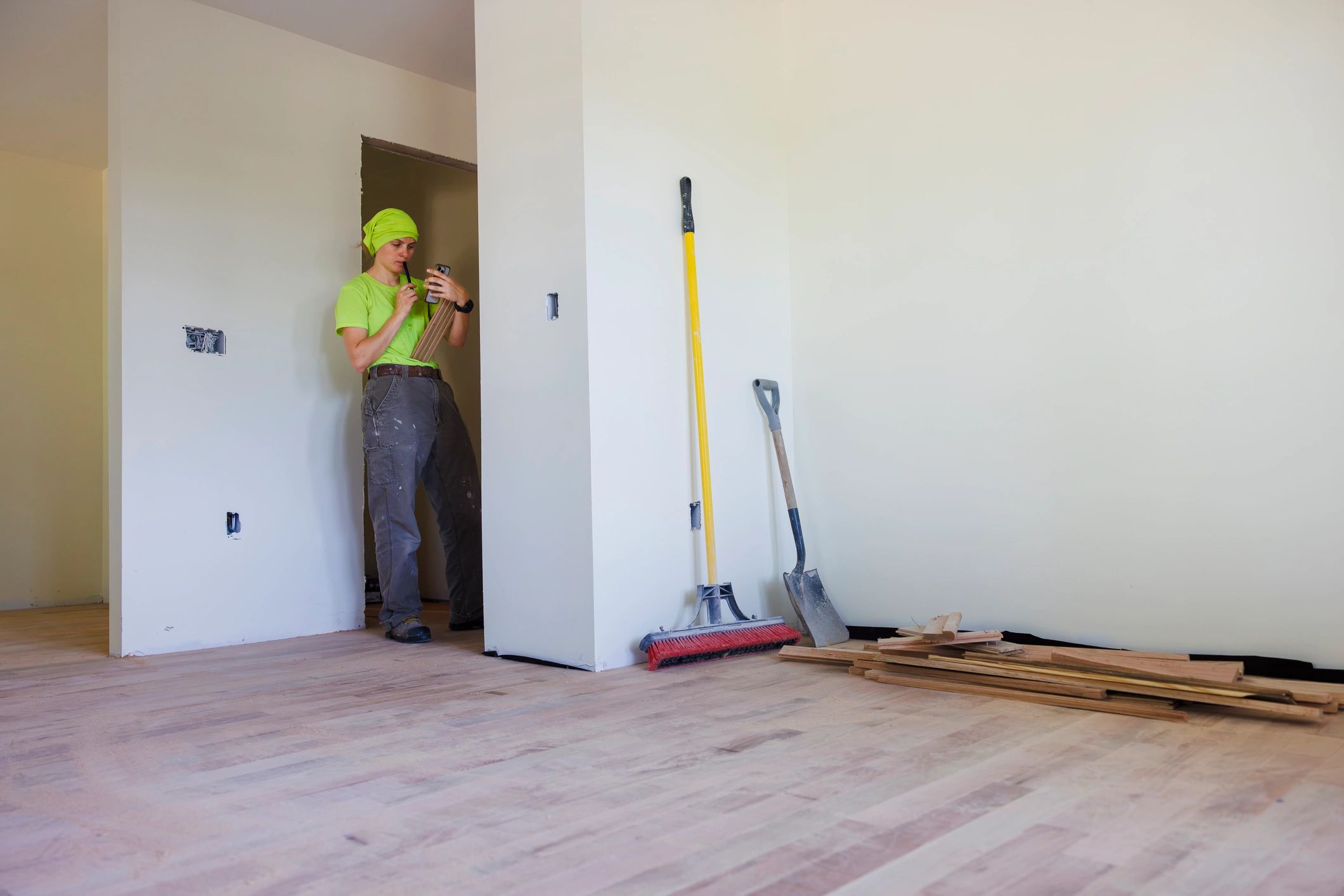 Contractor measuring in a renovation space with flooring materials staged